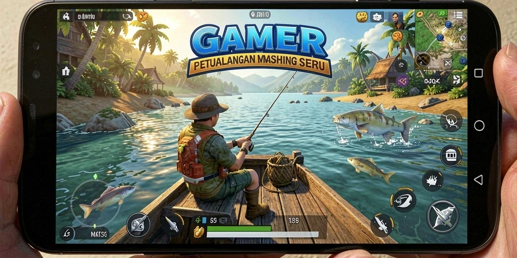 Screenshot utama GAMERP saat menangkap ikan di danau yang indah.