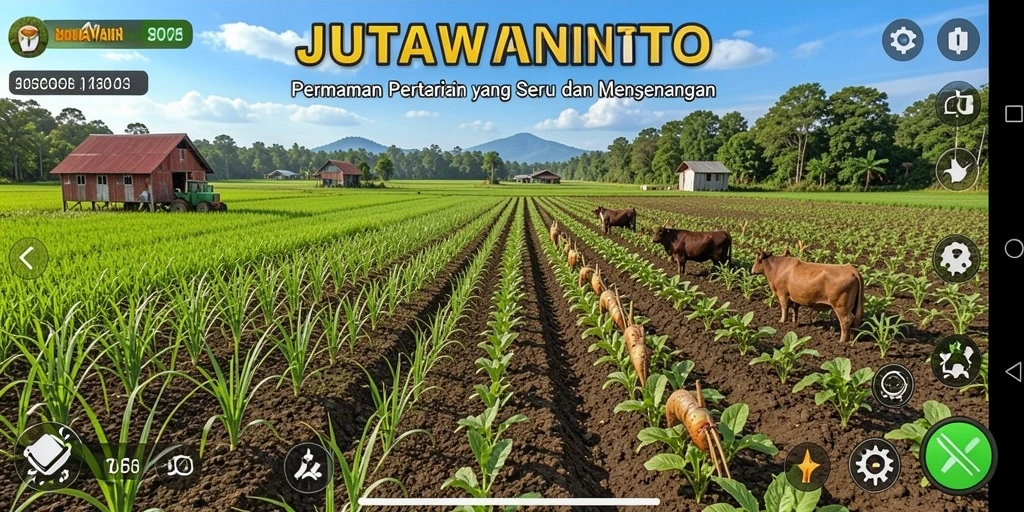 Screenshot gameplay JUTAWANTOTO menampilkan ladang yang subur dan interaksi antar pemain.