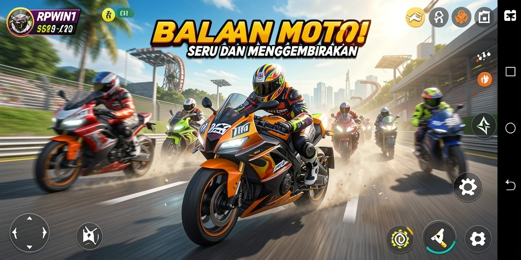 Screenshot RPWIN1 menunjukkan aksi balapan motor penuh adrenalin di jalanan.